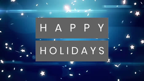 Happy-holidays-grey-text-banner-over-spot-of-light-and-multiple-star-icons-against-blue-background
