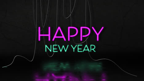 Animation-of-happy-new-year-in-text-pink-and-blue-neon,-with-hanging-cables-on-black-background