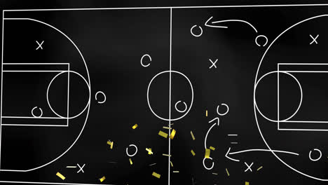 Animation-of-confetti-falling-and-sports-tactics-on-basketball-court-background