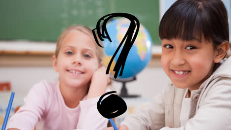 Animation-of-black-question-mark-over-two-smiling-diverse-elementary-schoolgirls-in-classroom