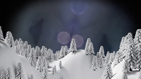 Animation-of-red-pattern-moving-over-spot-lights-and-winter-scenery-with-fir-trees