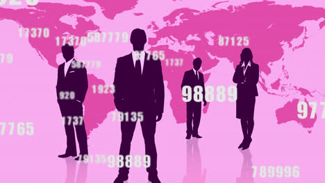 Animation-of-numbers-over-businesspeople-and-pink-world-map