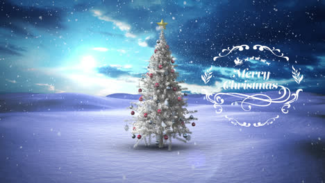Animación-De-Saludos-Navideños-Sobre-Fondo-De-Paisaje-Invernal-Con-árbol-De-Navidad.