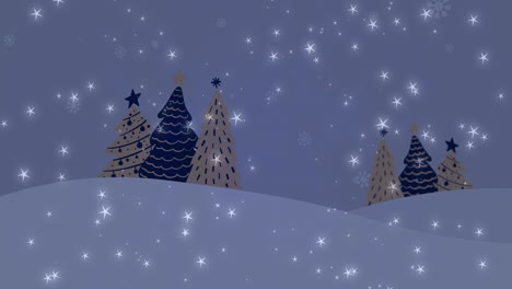 Animación-De-Estrellas-Y-Copos-De-Nieve-Sobre-Iconos-De-árboles-De-Navidad-En-Un-Paisaje-Invernal-Con-Espacio-Para-Copiar