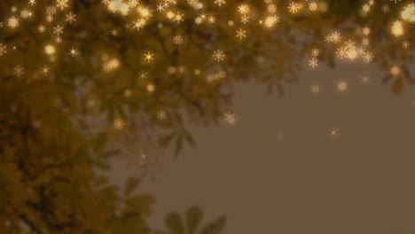 Animation-Von-Sternen-Und-Schnee,-Der-über-Einen-Baum-Auf-Braunem-Hintergrund-Fällt