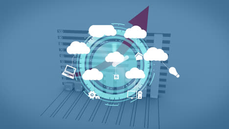 Animation-of-clouds-with-icons-over-graph-with-arrow-and-moving-clock