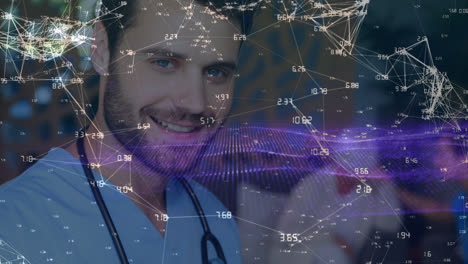 Animation-of-network-of-connections-over-caucasian-male-doctor-using-tablet