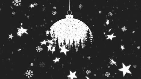 Animation-Von-Fallendem-Schnee-über-Weihnachtskugel-Auf-Dunklem-Hintergrund