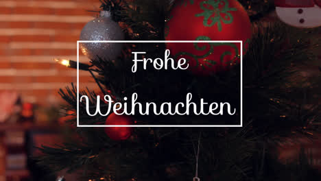 Animation-of-frohe-weihnachten-greeting-text-in-frame-over-christmas-tree-baubles-decorations