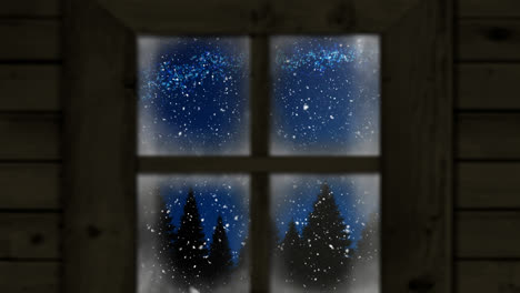 Animation-of-snow-falling-over-christmas-trees-seen-through-window