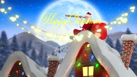 Animation-of-happy-holidays-text-over-santa-claus-winter-scenery