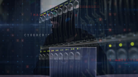 Animation-Eines-Cyberangriffs-Auf-Einen-Serverraum-Und-Einen-Hacker,-Der-Einen-Laptop-Verwendet