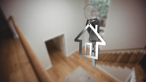 Animation-of-silver-key-and-house-key-ring-over-blurred-house-interior