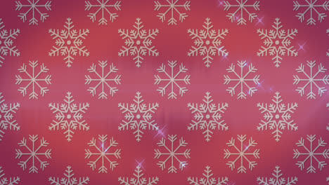 Animation-of-snowflakes-in-seamless-pattern-and-shining-stars-against-red-background-with-copy-space