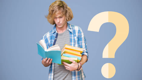 Animation-of-cream-question-mark-over-caucasian-teenage-male-student-reading,-holding-books,-on-blue