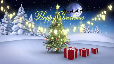 Animation-of-happy-christmas,-lights,-tree-and-presents-in-night-winter-landscape