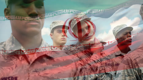 Animación-De-La-Bandera-De-Irán-Ondeando-Sobre-Diversos-Soldados.