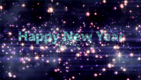 Animation-of-happy-new-year-text,-fireworks-and-glowing-stars