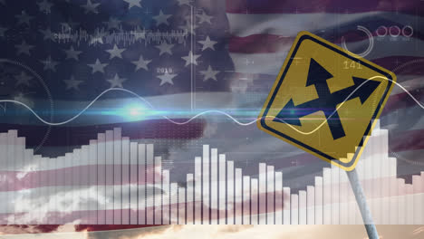 Animation-Der-Verarbeitung-Finanzieller-Daten-über-Straßenschild-Und-Flagge-Der-USA