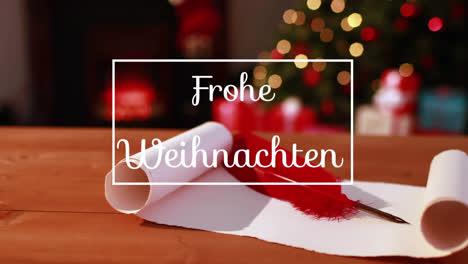 Animation-of-frohe-weihnachten-greeting-text-in-frame-over-red-quill-and-scroll,-christmas-tree