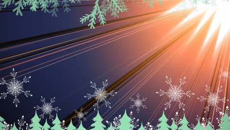Animation-of-snow-falling-over-glowing-orange-rays-on-blue-background
