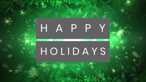 Frohe-Feiertage-Grau-Text-Banner-über-Schneeflocken-Und-Lichtflecken-Vor-Grünem-Hintergrund