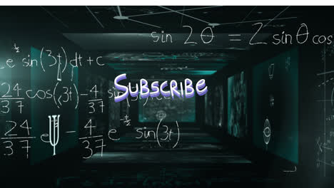 Animation-of-subscribe-over-black-background-with-screens-and-math-formulas