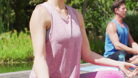 Diverse-male-and-female-group-practicing-yoga-sitting-on-mats-with-eyes-closed-in-sunny-park