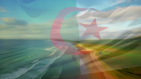 Digitale-Komposition-Der-Schwenkenden-Algerien-Flagge-Vor-Der-Luftaufnahme-Des-Strandes