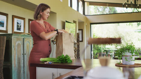 Mujer-Embarazada-Caucásica-Desempacando-La-Bolsa-De-Comestibles-En-La-Cocina