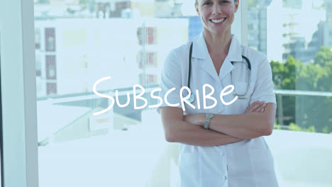 Animation-of-subscribe-text-over-smiling-caucasian-female-doctor