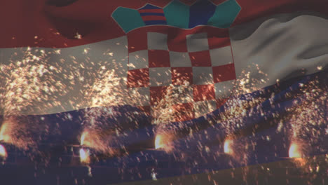 Animation-Der-Flagge-Kroatiens,-Die-über-Einem-Feuerwerk-Weht