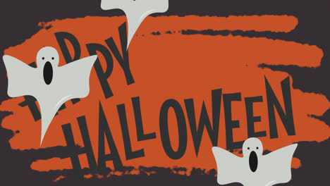 Animación-De-Saludos-De-Halloween-Y-Fantasmas-Flotando-Sobre-Fondo-Naranja