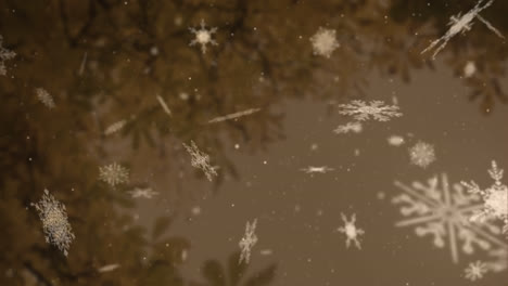 Animación-De-Nieve-Cayendo-Sobre-Un-árbol-Sobre-Fondo-Marrón.