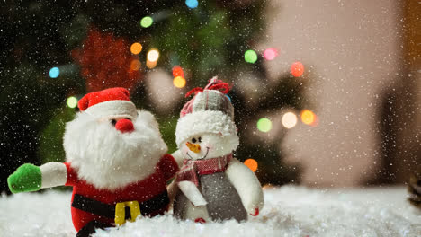 Snow-falling-over-santa-claus-and-snowman-against-spots-of-light