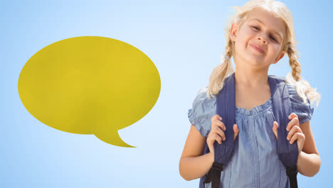 Animation-of-yellow-speech-bubble-over-smiling-caucasian-schoolgirl-with-backpack,-on-blue