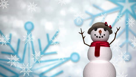 Animation-Fallender-Schneeflocken-über-Schneemann-Auf-Weißem-Hintergrund
