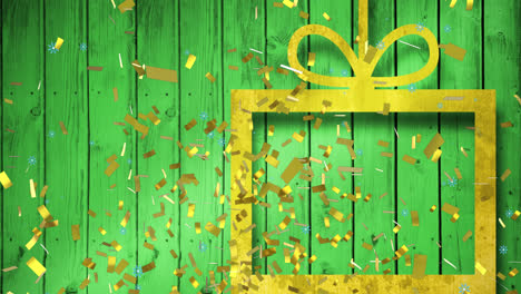 Animation-of-confetti-falling-over-yellow-gift-and-green-wooden-background