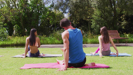 Rear-view-of-diverse-group-practicing-yoga-sitting-on-mats-in-park