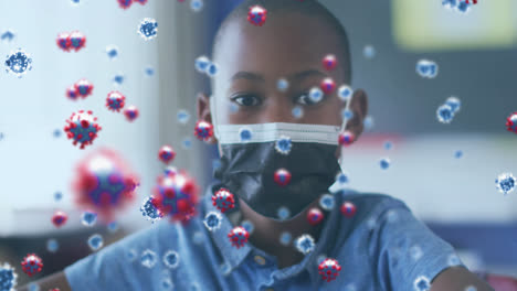 Animation-of-covid-19-cells-over-african-american-schoolboy-in-face-mask