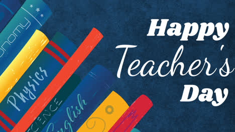 Animation-of-happy-teacher's-day-text-over-books-icons-on-blue-background