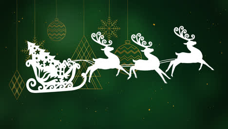 Animation-of-santa-claus-in-sleigh-over-green-background