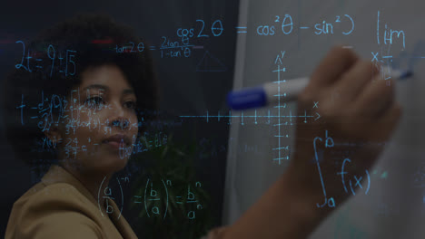 Animation-of-mathematical-equations-over-african-american-businesswoman-taking-notes