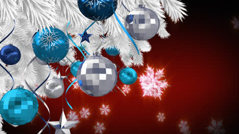 Animation-of-christmas-baubles-and-snow-falling-over-red-background