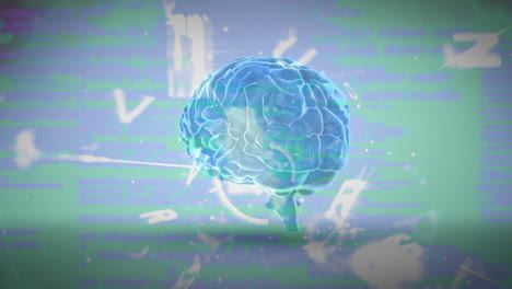 Animation-of-brain-rotating-over-green-and-blue-background