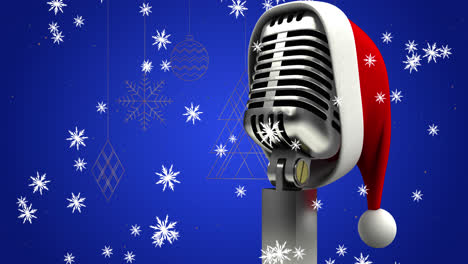 Animation-of-santa-hat-on-vintage-microphone-and-snow-falling-on-blue-background