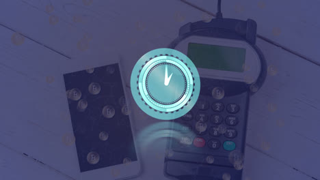 Animation-of-clock-moving-fast-over-payment-terminal-and-smartphone-with-bitcoin-signs