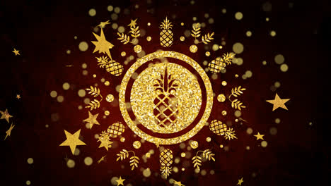 Animation-Von-Gelben-Sternen-Und-Punkten-über-Ananas-Auf-Schwarzem-Hintergrund