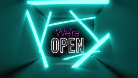 Animation-of-we're-open-text-in-pink-and-white-over-blue-neon-lines-on-black