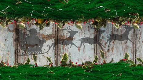 Christmas-wreath-over-santa-claus-in-sleigh-being-pulled-by-reindeers-against-wooden-plank